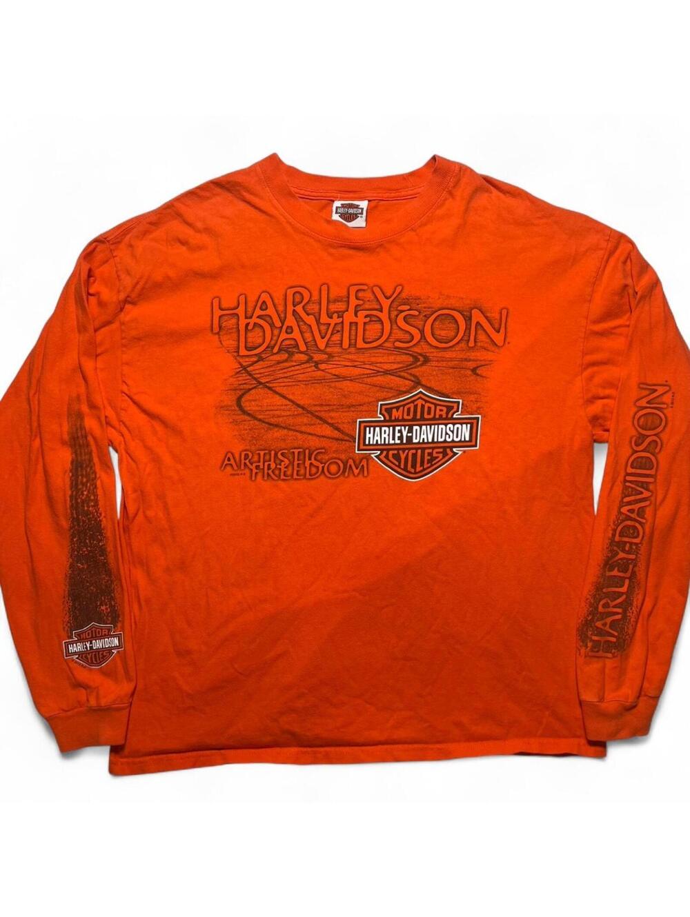 Vintage Harley-Davidson Orange Long Sleeve Graphic Biker T-Shirt Men’s XL